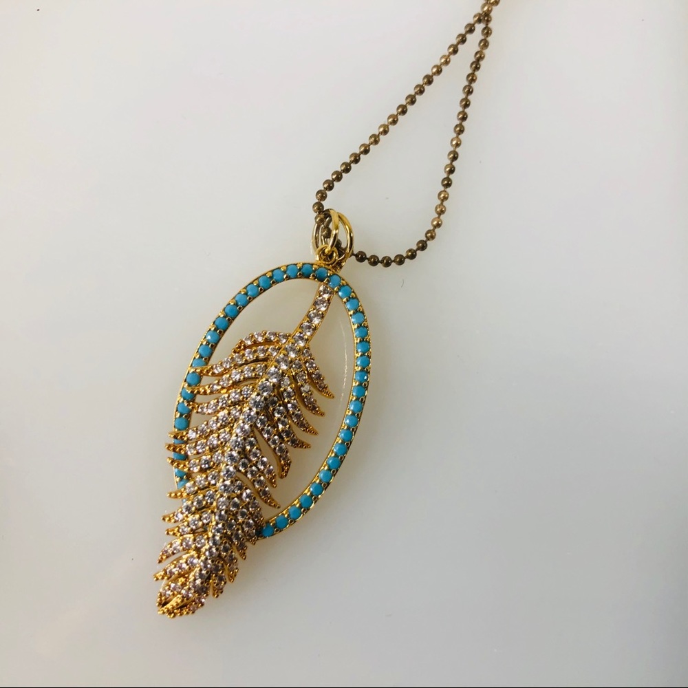 Anthropologie 2 Charms Turquoise Stones Necklace Pendant Gold Tone long chain